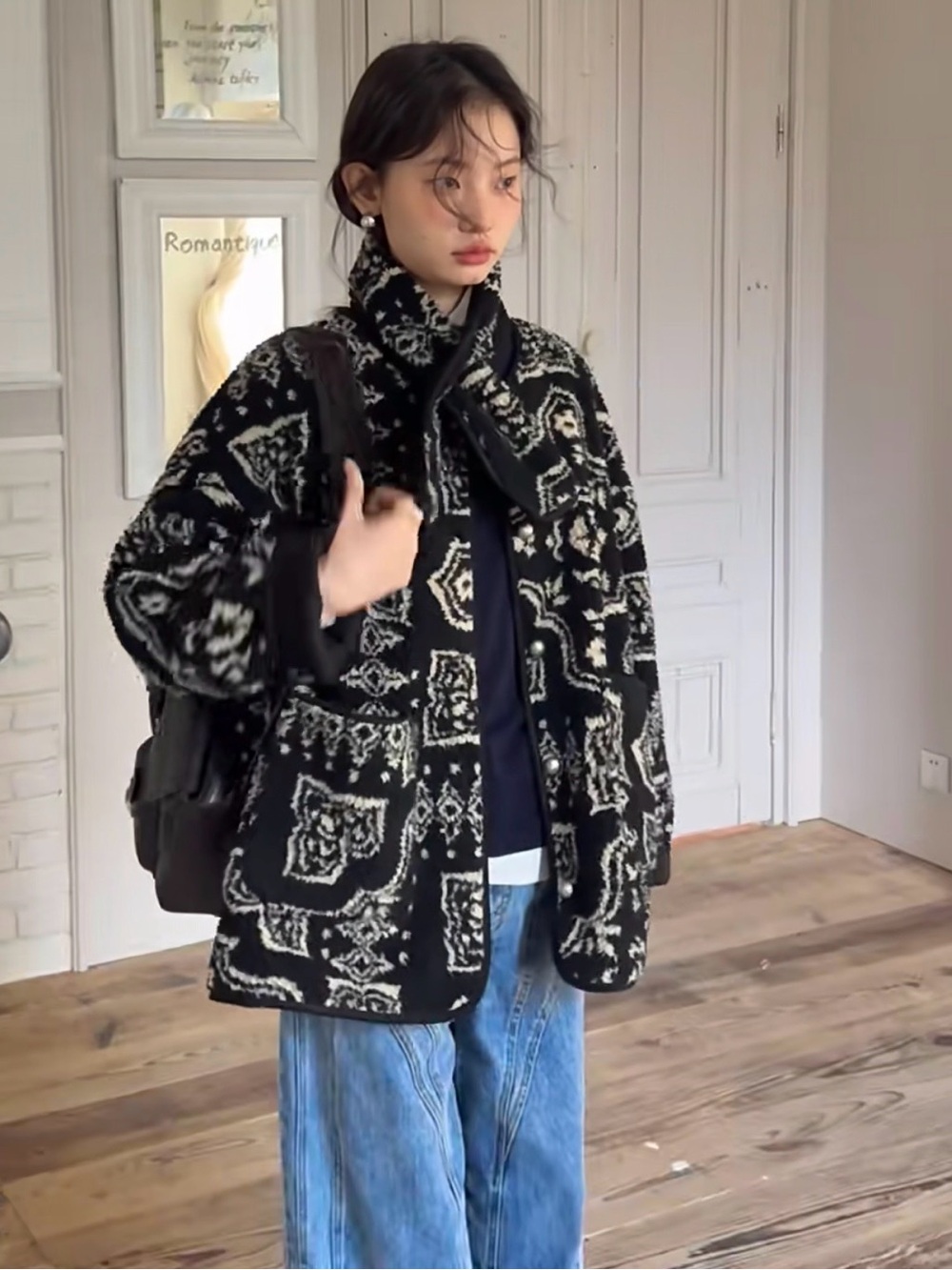 Boutique Black & Cream Patterned Women's Jacket